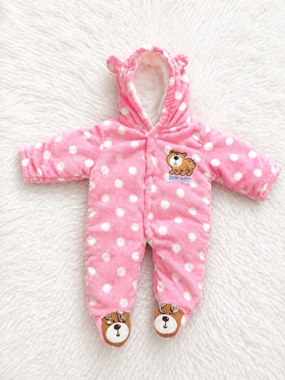 Baby Girl Pink Polka Dot Fleece Snowsuit 6M Cozy Bear Hood One Piece